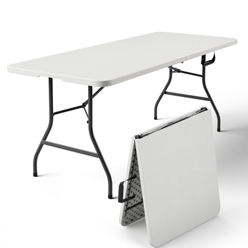 Folding Table 6FT Heavy Duty Plastic Table with Handle, Foldable&Portable, Fold-in-Half Utility Tables for Outdoor, Dining, Wedding, Events, Indoor, Picnic, Camping, Party, White - color: White, size: 6FT