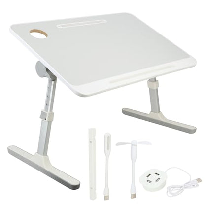 Laptop Desk for Bed, Adjustable Laptop Bed Table, Portable Lap Desk with Foldable Legs, Bed Table with USB Light and Fan, Laptop Bed Tray Table for Sofa Eating Working Writing