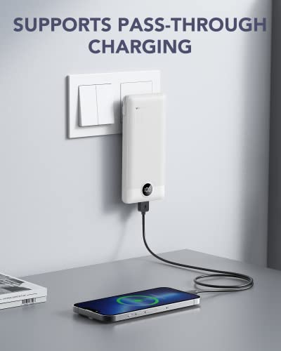 VRURC 3-in-1 Portable Charger, Built-in Cord & Foldable Wall AC Plug-White | 10000mAh Portable Power Bank, Travel Battery Pack for Smartphones, USB-C Emergency External Charger for Trip- (1 PACK)