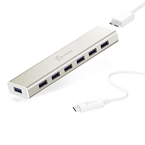 j5create USB Type-C to 7-Port USB 3.0 Data Hub with 3 ft Extended Cable | 20W Power Adapter Included] for Mac, MacBook, Windows, Laptop, Surface, XPS, Chromebook, PC (JCH377)