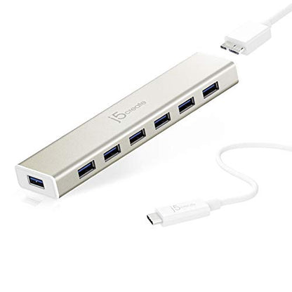 j5create USB Type-C to 7-Port USB 3.0 Data Hub with 3 ft Extended Cable | 20W Power Adapter Included] for Mac, MacBook, Windows, Laptop, Surface, XPS, Chromebook, PC (JCH377)