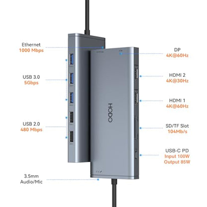 USB C Docking Station Dual Monitor for Dell HP Laptop USB Hub for Laptop | Docking Station Dual Monitor HDMI Adapter USB C Dongle with 2 HDMI DP 5 USB Ports 100 W PD SD TF Ethernet Audio