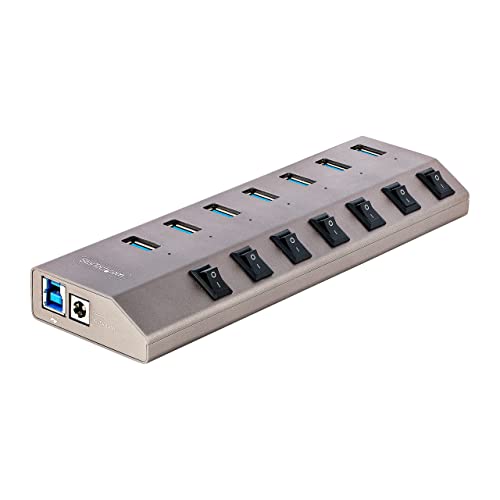 StarTech 7-Port USB-A Hub 5Gbps with Per-Port Switches (5G7AIBS-USB-HUB-NA) | USB-C and USB-A host cables, Self-powered with adapter, BC 1.2 charging, 52.5W total, LED on/off switches