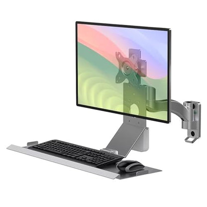 Monitor and Keyboard Wall Mount, Stand/sit Workstation, with Pneumatic Arm, Load 10kg, with 60cm Foldable Keyboard Tray, for 15-32 Inch Single Screen - color: Silver