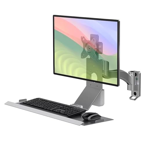 Monitor and Keyboard Wall Mount, Stand/sit Workstation, with Pneumatic Arm, Load 10kg, with 60cm Foldable Keyboard Tray, for 15-32 Inch Single Screen - color: Silver