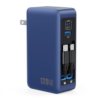 120W USB C Charger Block with 2 Built-in Retractable Cables,4-in-1 GaN IV Foldable Plug Wall Charger Fast Charging Station,PD 65W Laptop Adapter for Macbook/iPad,iPhone 17/16/15/14,Android (Dark Blue) - color: Dark Blue