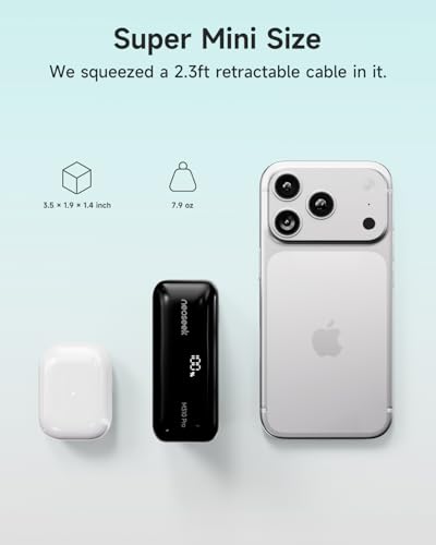 Ultra Mini 10000mAh 45W Portable Charger, Flight-Safe Compact Power Bank, Small & Lightweight Travel Battery Pack with 2.3 ft USB-C Retractable Cable for iPhone 17/16, iPad, Galaxy, Pixel