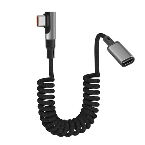 YACSEJAO 90 Degree USB C Coiled Spring Extension Cable 3.3FT, L-Shaped | 60W, Nylon Braided, Type-C Male to Female Extender, E-Mark Chip Fast Charging & Data Sync, For Laptop, Phone - size: L-Shaped