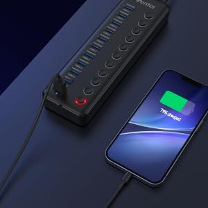 Powered USB Hub, Wenter 11-Port USB Splitter Hub (10 Faster Data Transfer Ports+ 1 Smart Charging Port) with Individual LED On/Off Switches, USB Hub 3.0 Powered with Power Adapter for Mac, PC - size: Plastic 10+1 Powered USB Hub
