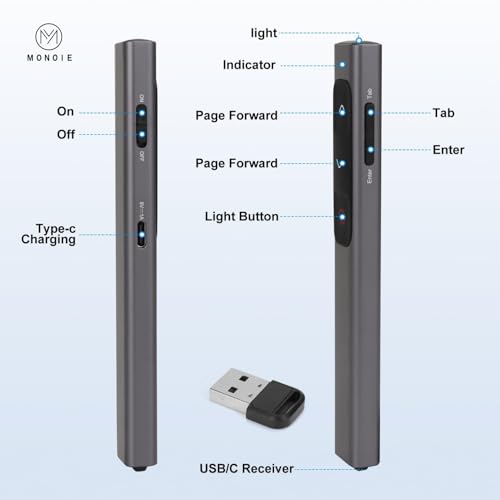 LaserClass 2 Safe Red Laser (≤1mW) Pointer Remote for Keynote, Laptops, and Google Slides — Supports Hyperlinks (Gray Pen/Red/USB Interface)
