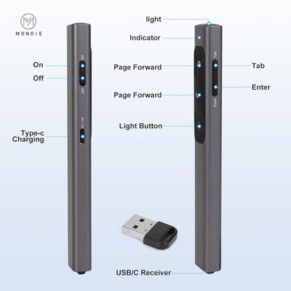 LaserClass 2 Safe Red Laser (≤1mW) Pointer Remote for Keynote, Laptops, and Google Slides — Supports Hyperlinks (Gray Pen/Red/USB Interface)