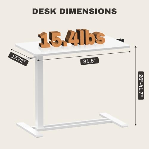 SANODESK 32''Pneumatic Adjustable Overbed Bedside Table with Hidden Casters | Medical Mobile Side End Table Laptop Computer Standing Desk Cart with Tray, Hospital and Home Use(31.5" W x 17.7" D,White) - color: White, size: Large