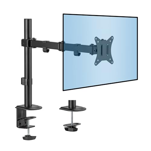 Mount-It! Single Monitor Arm Desk Stand, 19-32" Screens | Full motion height-adjustable tilt arm, VESA 75/100 compatible, C-clamp and grommet base.