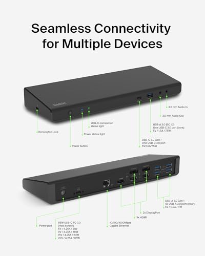 Belkin 15-in-1 Universal Triple Display DisplayLink Docking Station Hub w/ 3 HDMI Ports, 2 DisplayPorts for Triple 4K Display w/ 85W PD, 3.5mm Mic/Speaker, 1 USB-C, & 5 USB-A Ports, Black - style: 15-in-1, Triple Display, 85W