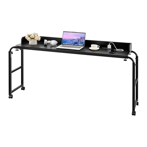 VEVOR Overbed Table, Mobile Bed Side Table with 4 Wheels (2 with Brakes) and Power Socket, Height Adjustable Rolling Laptop Desk, Portable Particleboard Over Bed Desk for Home, Office, Study, Black