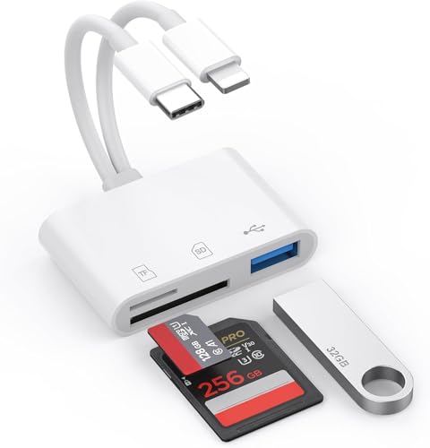 SD Card Reader for iPhone iPad Mac, Lightning & USB-C Dual Connectors Memory Card Reader with SD/Micro SD/USB-A 3 Slots, Digital Camera Adapter to iPhone, Plug & Play - color: Dual built-in cord (Lightening&USB-C)