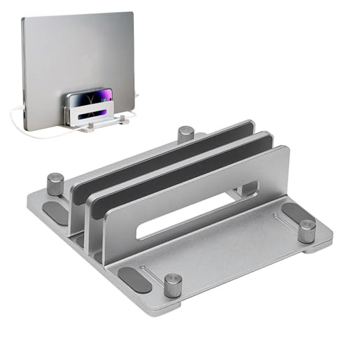 Aluminum Vertical Laptop Stand for Desk, Adjustable Dual Slot Holder(up to 1.73 inches), Compatible with MacBook Pro, MacBook Air and Other Laptop - Save Space & Improve Airflow, Silver