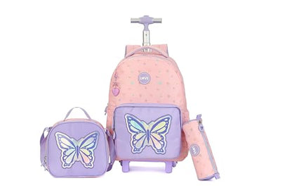Rolling butterfly Backpack for girls, 17 Inch Travel Backpack with Wheels, Vertical Storage Wheeled Laptop Backpack, Stylish Rolling Laptop Bag(BUTTERFLY PINK) - color: Butterfly Pink