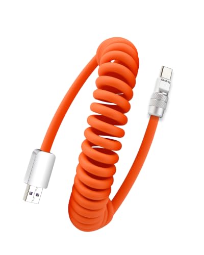 chubbycable Silicone 240H Sag-Free Coiled USB A to C Cable, 1 Pack, Orange | Self-Organizing, 6FT USB-C Cable for Car, 120W Fast Charging, 45,000+ Bend Tested, Support Carplay & Android Auto - color: Orange-1 Pack