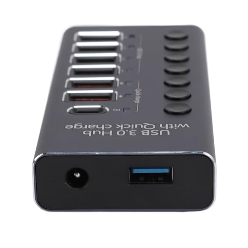 Powered USB 3.0 Hub, Plug and Play 100-240V Individual Switches 5Gbps 7 Ports USB Hub Protector for Laptop (US Plug 100‑240V)