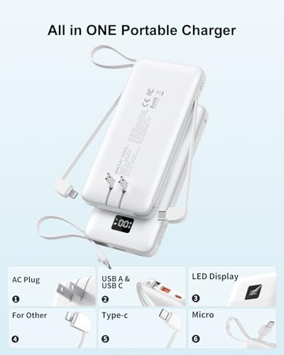 Portable Charger 10000mAh Power Bank w/Built-in 3 Cables & AC Wall Plug | 22.5W Fast Charging, Pass Through Charging, 0.68in Ultra Slim, TSA Approved, Travel Essential for iPhone/Samsung/iPad - color: White