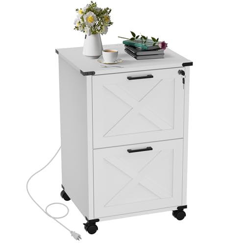 Onelike Small Wood File Cabinet with Charging Station and Lock, 2 Drawers | Built-in 2 AC, USB & Type-C; 1 lock secures 2 drawers; Nightstand, Printer stand and Mobile under-desk cabinet; White - style: 2 Drawers
