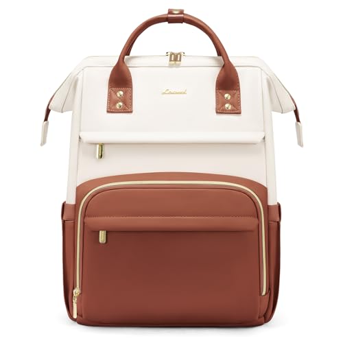LOVEVOOK Leather Backpack for Women,17 inch Leather Laptop Backpack Women,Professional Work Backpack Nurse College Teacher Bag,Womens Laptop Tote Bag Computer Travel Backpack Purse,Beige White-Brown - color: Beige White - Brown, size: 17 Inch