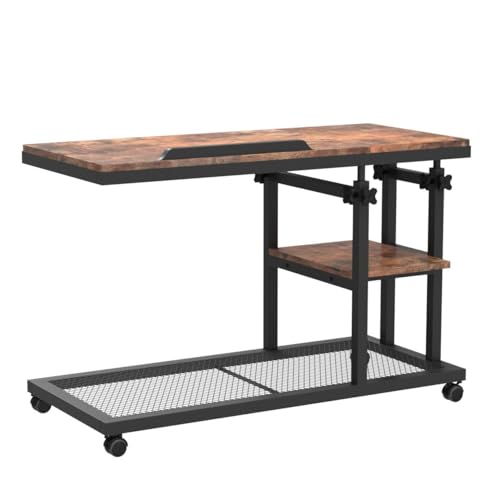 Tribesigns Height Adjustable C Table with Wheels, Mobile Couch Snack Side Table with Tiltable Drawing Board, Sofa Bedside Laptop Stand C Shaped TV Tray with Storage Shelves (Brown) - color: Rustic Brown