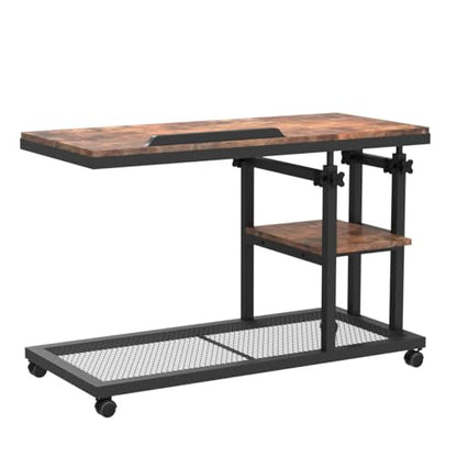 Tribesigns Height Adjustable C Table with Wheels, Mobile Couch Snack Side Table with Tiltable Drawing Board, Sofa Bedside Laptop Stand C Shaped TV Tray with Storage Shelves (Brown) - color: Rustic Brown