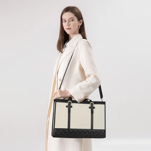 Keyli 3pcs Laptop Bag for Women,15.6 Inch Canvas Tote Bag Work Bags Large Business Computer Briefcase Shoulder Handbag Purse - color: S-black+khaki