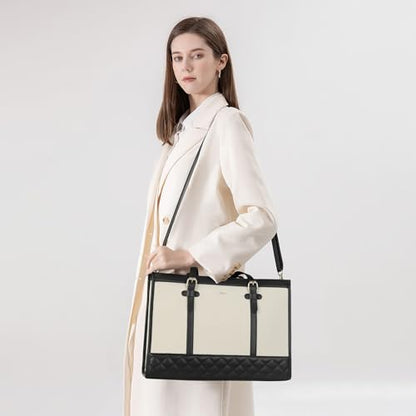 Keyli 3pcs Laptop Bag for Women,15.6 Inch Canvas Tote Bag Work Bags Large Business Computer Briefcase Shoulder Handbag Purse - color: S-black+khaki