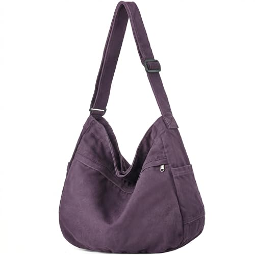 Canvas Hobo Crossbody Tote Bag for Women & Men Large Messenger Bag | Canvas Purses for Women Multi-Pocket Casual Shoulder Handbag for Travel Work Daily Shopping - color: 1-purple