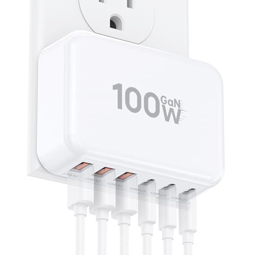 Fast Charger Block, GaN 6 Port USB C Charging Station Hub Cube, 100W Multiport Type C Wall Charger Power Strip Plug with PD 3.0+QC for iPhone13 14 15 16 17 Pro Max XR XS 8 7, Samsung, iPad, Table - color: White