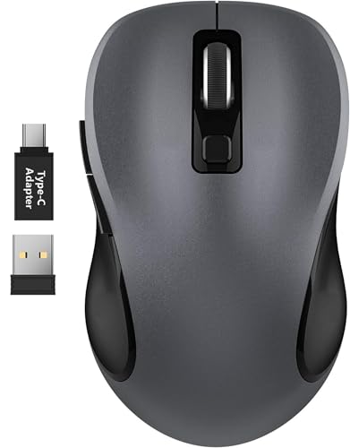 WisFox 2.4G Wireless Mouse for Laptop, Ergonomic Computer Mouse with USB Receiver and Type-C Adapter, 3 Adjustable Levels, 6 Button Cordless Mice for Windows Mac PC Notebook (Grey and Black) - color: Grey and Black-C