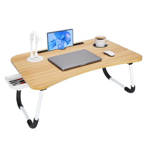 Laptop Bed Desk, Lap Desk, Laptop Table with USB Charge Port, Desktop Card, Cup Holder, Foldable Bed Tray Table for Couch Sofa Chair Floor Eating Working - color: Natural Wood