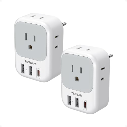 TESSAN 2 Pack European Travel Plug Adapter, Europe Power Converter | 4 Outlets 3 USB (1 USB C PD 20W), Type C International Plug, For Italy Spain France Portugal Iceland Germany - color: White grey-Type C