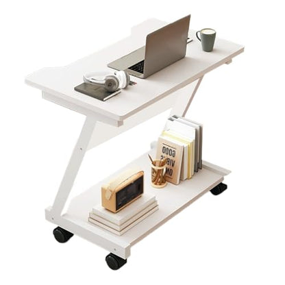 Overbed Table with Wheels Steel Wooden Bedside Table, Laptop Bedside Table, Movable Sofa Side Table, Z Frame, Shaped Table Top, for Bedroom, Living Room(White) - color: White