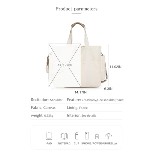 Eagerrich Canvas Crossbody Tote Bag with Multi Pockets for Women Work Large Handbags Shoulder Bag Messenger Bag Travel Purse - color: White
