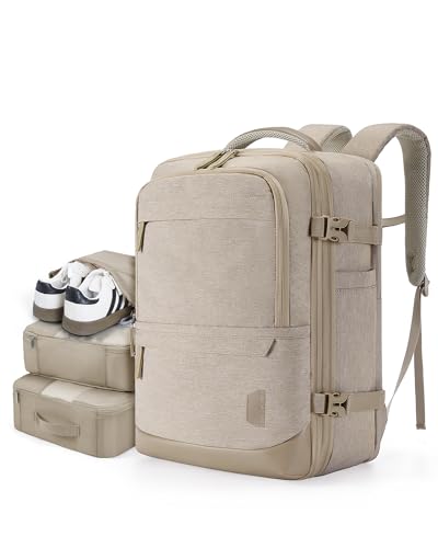 BAGSMART 37L Expandable Travel Backpack Compression Carry On Daypack | Weekender Bag Fits 17" Laptop. Water Resistant Luggage with Packing Cubes and Shoe Pouch. - color: Khaki
