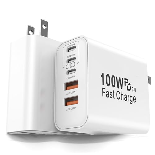 FEEL2NICE 100W USB C Charger Block, 5-Port Fast Wall Charger [3 PD USB-C & 2 QC 3.0 USB-A], Compact Adapter for MacBook Pro, iPad, iPhone 17/16/15 Pro Max, Galaxy S26/S25 Ultra, Laptop