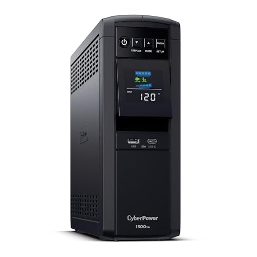 CyberPower CP1500PFCLCD PFC Sinewave UPS Battery Backup and Surge Protector, 1500VA/1000W, 12 Outlets, AVR, Mini Tower, UL Certified | 12 Nema Outlets, Avr, Color LCD, USB a Plus C - size: 1500VA, style: Mini-Tower