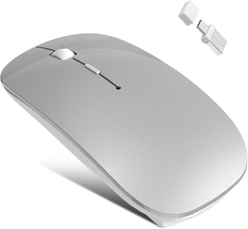 Bluetooth Wireless Mouse for MacBook Air Mac Pro iPad Laptop Computer Pad Optical Rechargeable Slim Silent Dual Mode (2.4G USB-C/USB-A&Bluetooth 5.2/3.0) Mouse Jiggler for Computer Awakening(Grey) - color: Grey