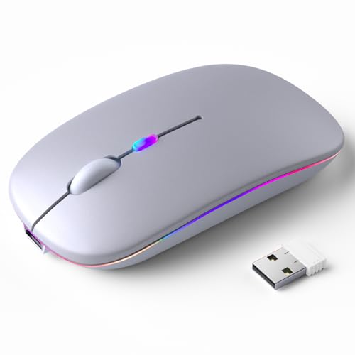 KANMABPC Wireless Bluetooth Mouse – Rechargeable, Silent, Dual Mode (Bluetooth 5.2 & USB) with LED Lights – Portable for Laptop, Desktop, & Tablet(Silver) - color: Silver