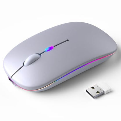 KANMABPC Wireless Bluetooth Mouse – Rechargeable, Silent, Dual Mode (Bluetooth 5.2 & USB) with LED Lights – Portable for Laptop, Desktop, & Tablet(Silver) - color: Silver