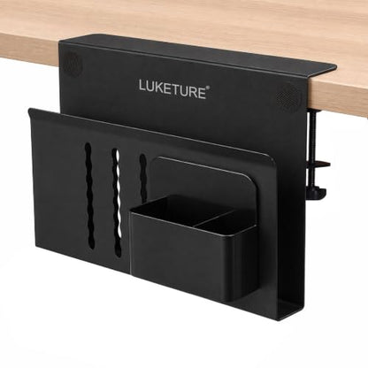 LUKETURE Desk Side Storage, No Drill Laptop Mount with Pen Holder, Clamp-On | Fits Flat Edge Desks 0.3 to 2.8 Inches,Secure Grip on Wood, Glass, or Metal Surfaces Without Slipping - color: Black(1 Tie)