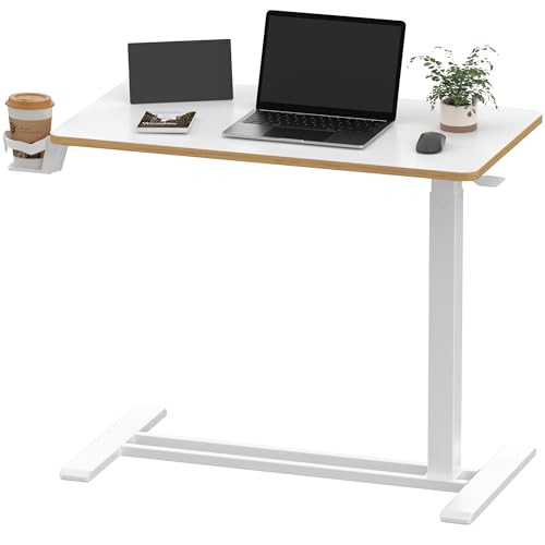 SANODESK 32''Pneumatic Adjustable Overbed Bedside Table with Hidden Casters | Medical Mobile Side End Table Laptop Computer Standing Desk Cart with Tray, Hospital and Home Use,31.5"W x 17.7"D,White Maple - color: White Maple, size: Large