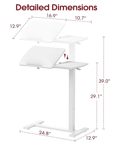 Sakugi Overbed Bedside Table with Wheels, Right-Side Tilt Top, Laptop Desk | Home & Office, Hospital Bed Table, Rolling Bed Tray, Height Adjustable, White,12.9" D × 27.6" W × 29.1"–39" H - color: White