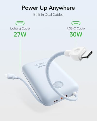 VIYISI Portable Charger 20000mAh 30W Fast Charging, Sky Blue Cute Power Bank with Built-in USB C & Lighting Cables, Compact Aesthetic Battery Pack Compatible with iPhone 17 16 15 Pro Max iPad, iPod - color: Blue