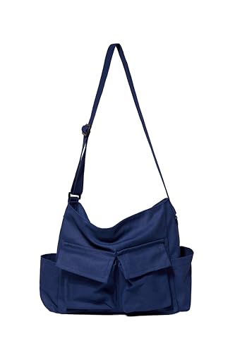 Canvas Messenger Bag Large Hobo Crossbody Bag with Multiple Pockets Casual Shoulder Tote Bag for Women and Men - color: Navy