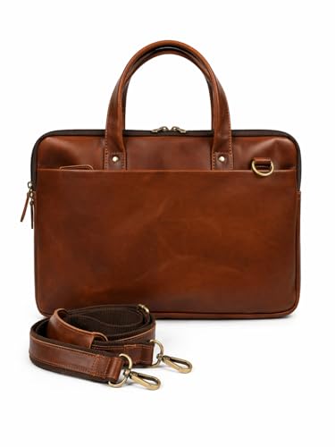 Genuine Leather Laptop Bag for Men & Women – 3 Compartment Briefcase with Padded Sleeve, 15.5 Inch Office Bag - color: Cognac